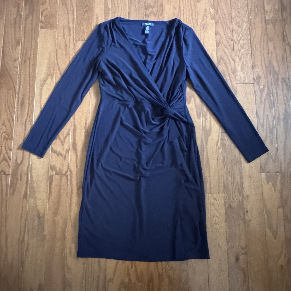 💙Chaps Navy Faux Wrap Dress Sz L‎ Long Sleeve Ruched Knot Front Midi Date Night